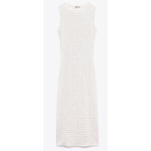 Zara Crinkled White Sleeveless Bodycon Maxi Dress, Size M